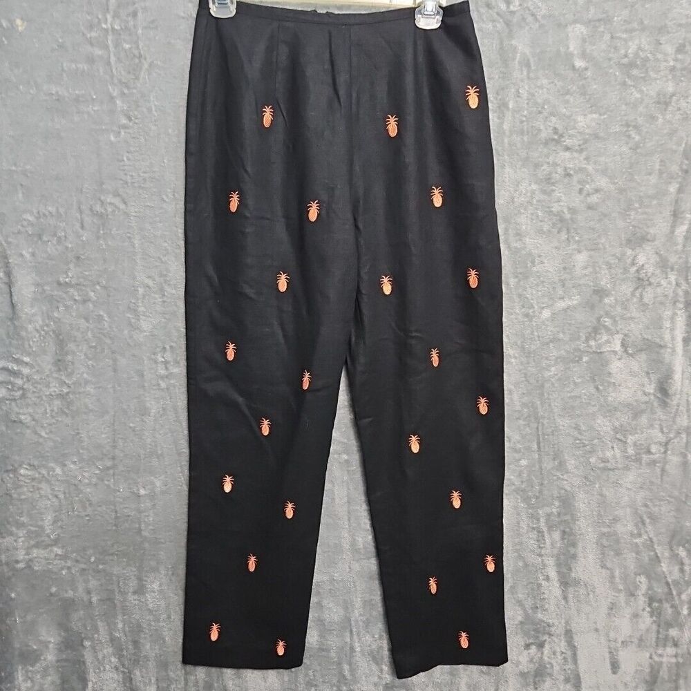 Nicole Studio Womens Size 6 Black Linen Blend Pineapple Embroidered Ankle Pants